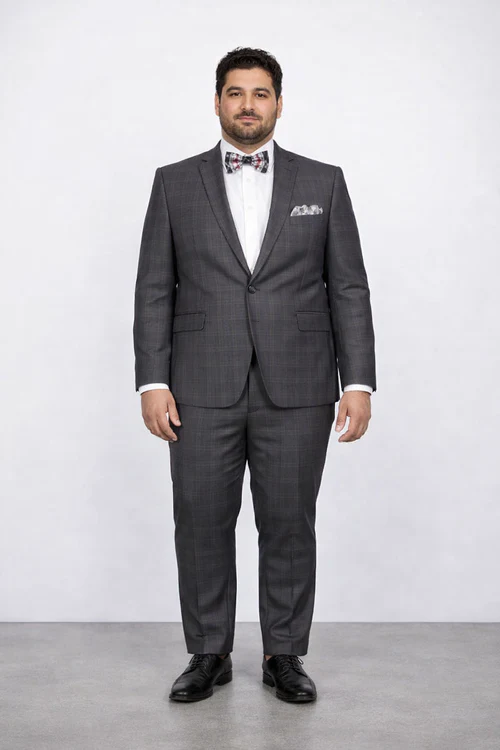 Mens Slim Fit Charcoal Plaid Suit by Rossiman Rossi 1-Button Jacket & Tapered Pants