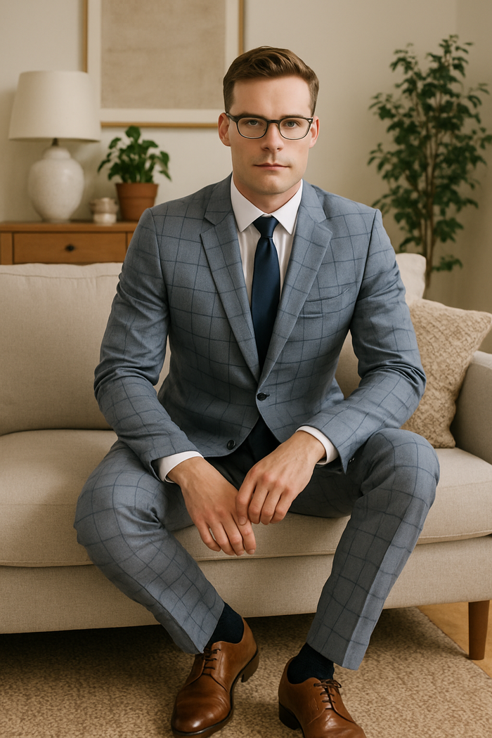 Gray Groomsmen Suits Mens Slim Fit Window Pane Suit Grey