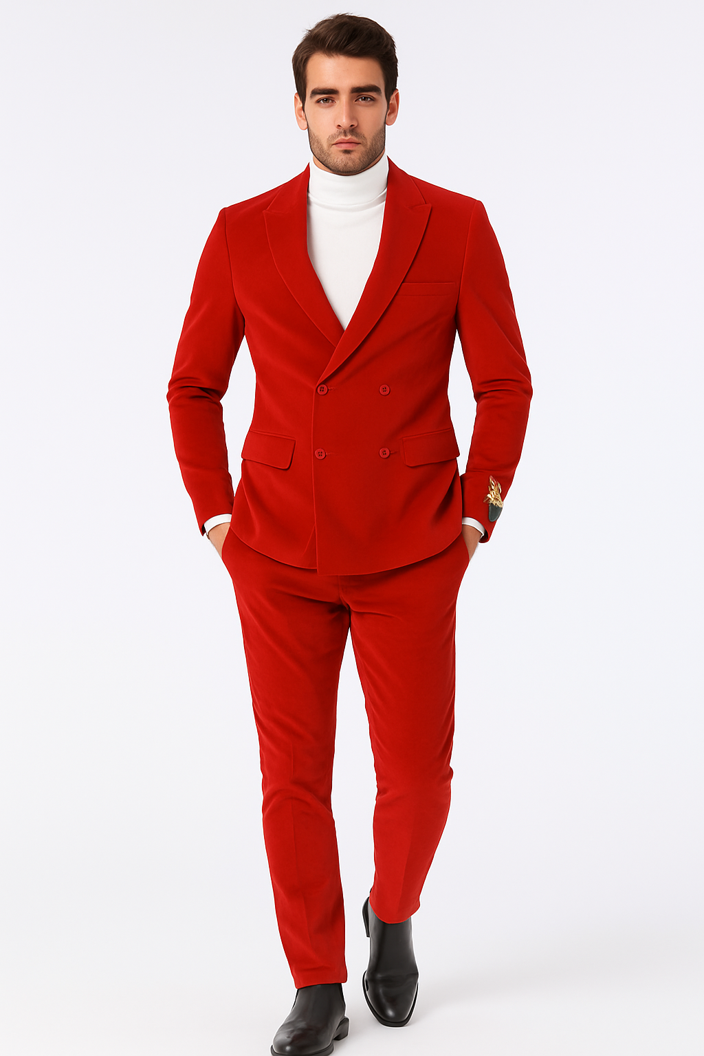 Mens Slim Fit Red Velvet Double Breasted Suit with Peak Lapel – Formal Tuxedo Style - New Arrival - 34 Short or Extra Small