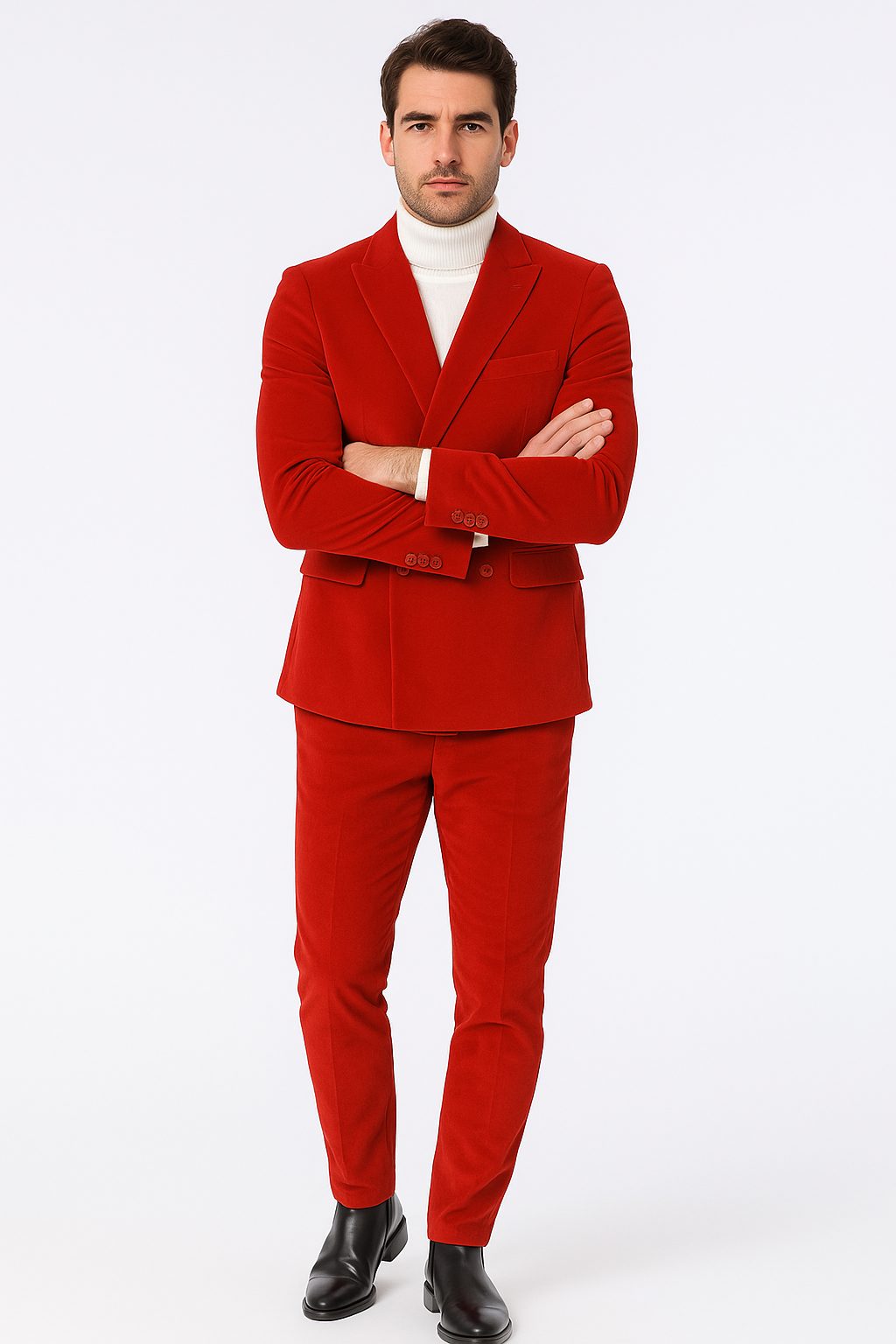 Mens Slim Fit Red Velvet Double Breasted Suit with Peak Lapel – Formal Tuxedo Style - New Arrival - 34 Short or Extra Small