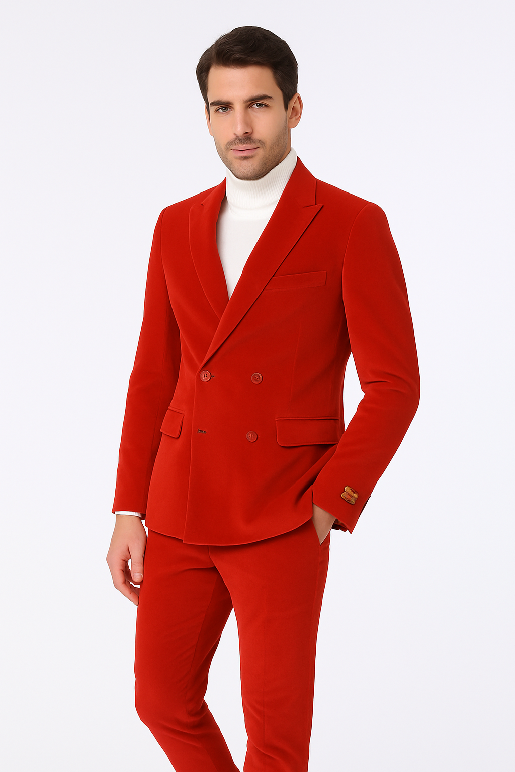 Mens Slim Fit Red Velvet Double Breasted Suit with Peak Lapel – Formal Tuxedo Style - New Arrival - 34 Short or Extra Small