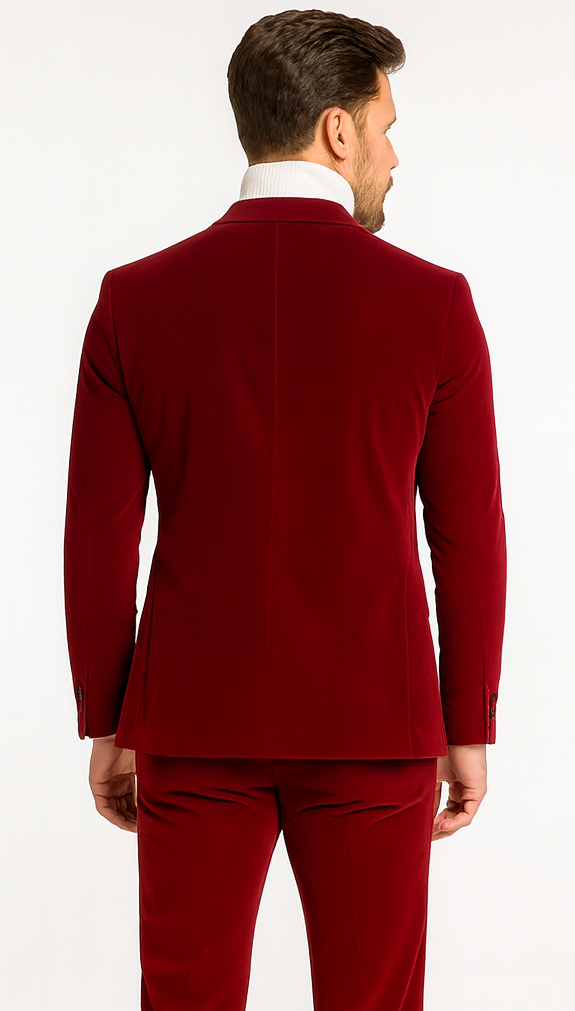 Mens Slim Fit Red Velvet Double Breasted Suit with Peak Lapel – Formal Tuxedo Style - New Arrival - 34 Short or Extra Small