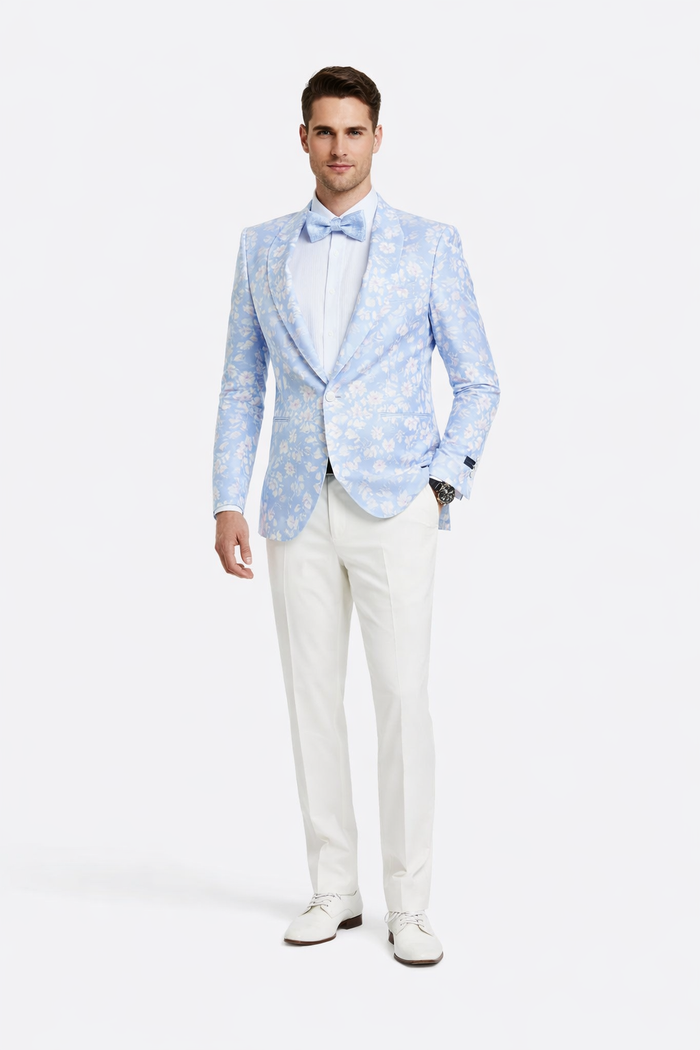 Men's slim fit sky blue & silver paisley foil print tuxedo dinner jacket for prom & wedding