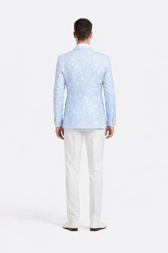 Men's slim fit sky blue & silver paisley foil print tuxedo dinner jacket for prom & wedding