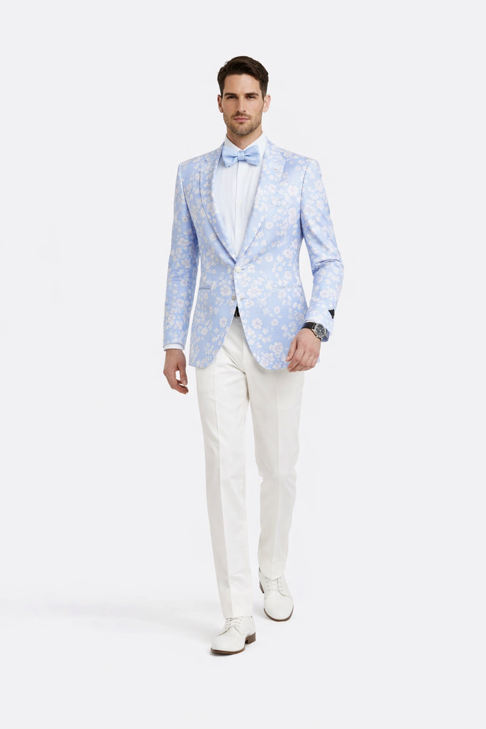 Men's slim fit sky blue & silver paisley foil print tuxedo dinner jacket for prom & wedding