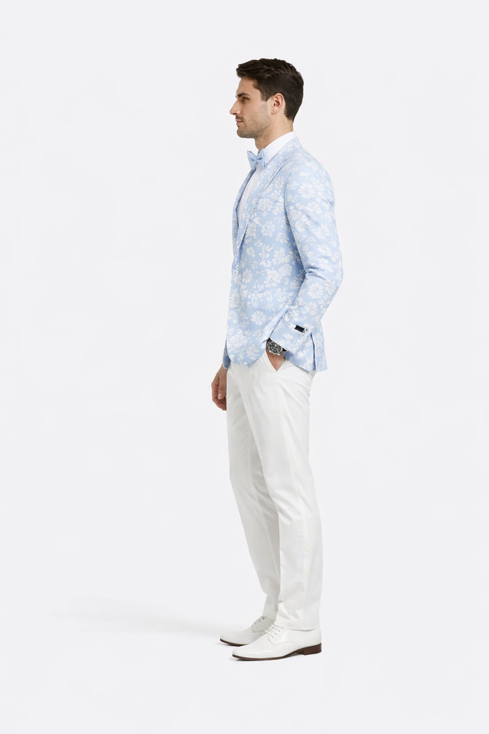 Men's slim fit sky blue & silver paisley foil print tuxedo dinner jacket for prom & wedding