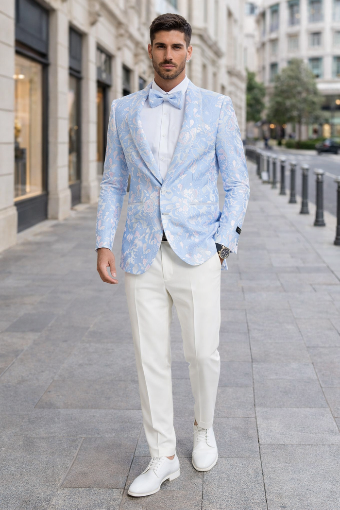 Men's slim fit sky blue & silver paisley foil print tuxedo dinner jacket for prom & wedding