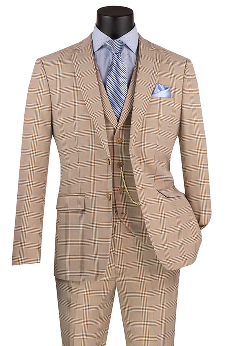 Marc Darcy Wedding Suits Men's Slim Fit Vested Glen Plaid Summer Business Suit in Beige - 34 Short or Extra Small