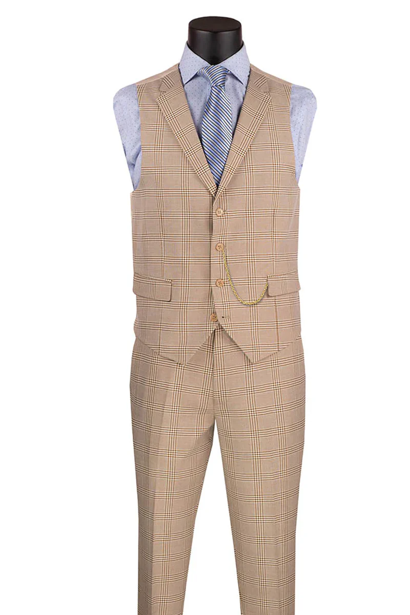 Marc Darcy Wedding Suits Men's Slim Fit Vested Glen Plaid Summer Business Suit in Beige - 34 Short or Extra Small
