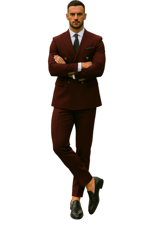 Slim Fit Double Breasted Suit Gold Buttons - Burgundy Suit - Designer Wool Suits