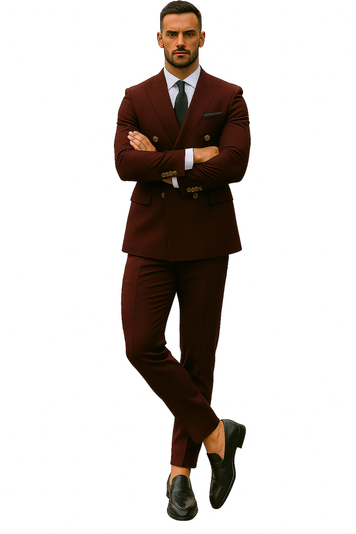 Slim Fit Double Breasted Suit Gold Buttons - Burgundy Suit - Designer Wool Suits