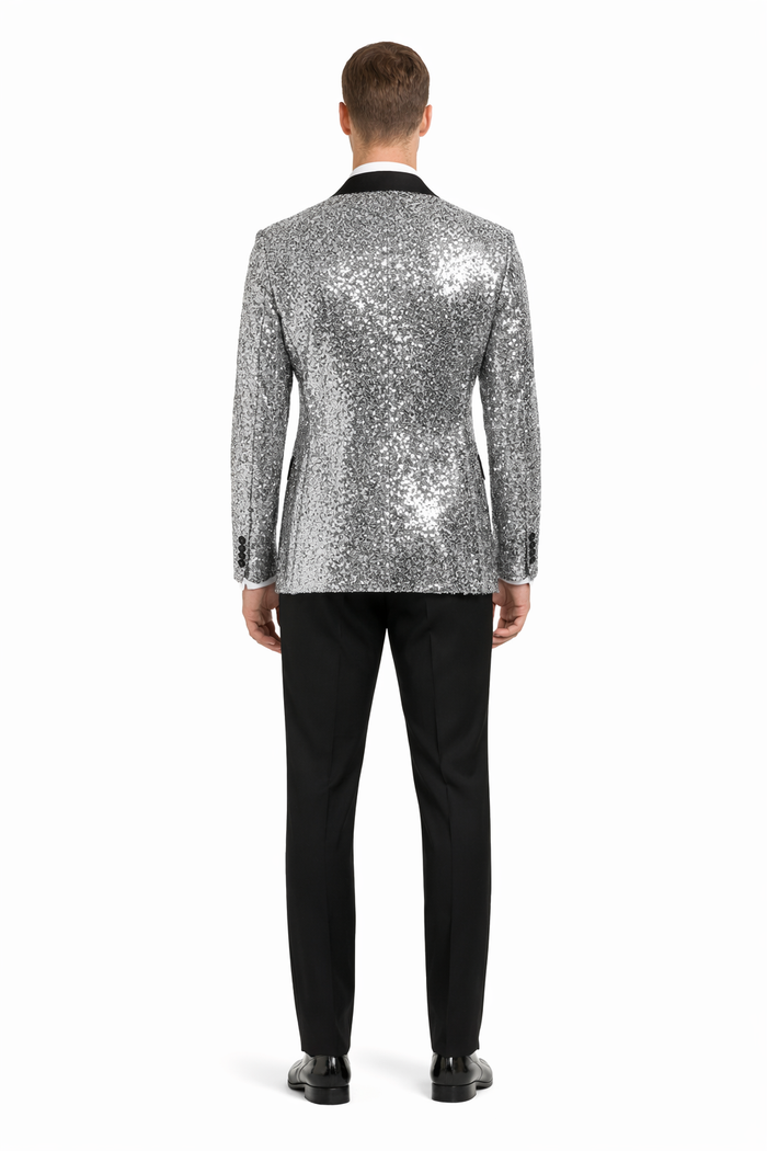 Mens Sparkling Silver Sequin Tuxedo Black Satin Lapel-New Designer Collection