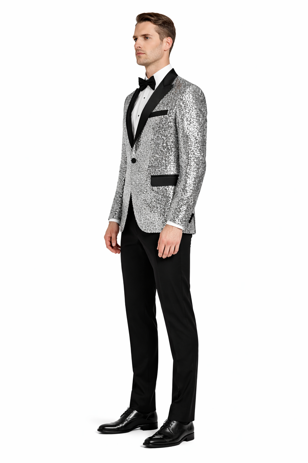 Menâ€™s Sparkling Silver Sequin Tuxedo â€“ Black Satin Lapel-New Designer Collection - 34 Short or Extra Small