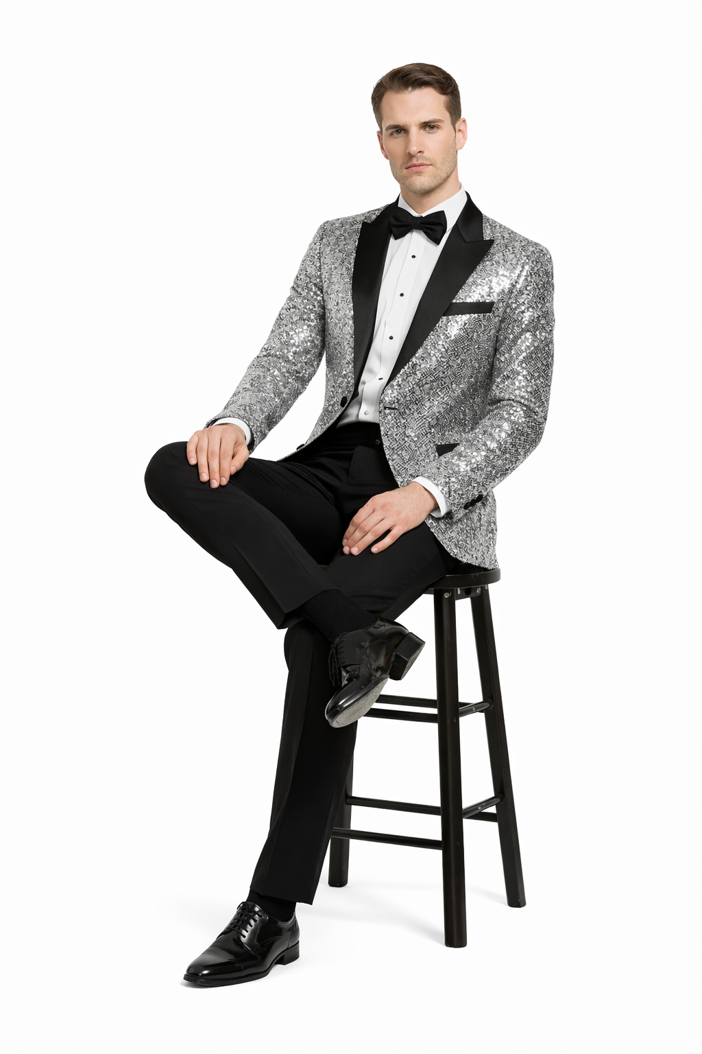 Menâ€™s Sparkling Silver Sequin Tuxedo â€“ Black Satin Lapel-New Designer Collection - 34 Short or Extra Small