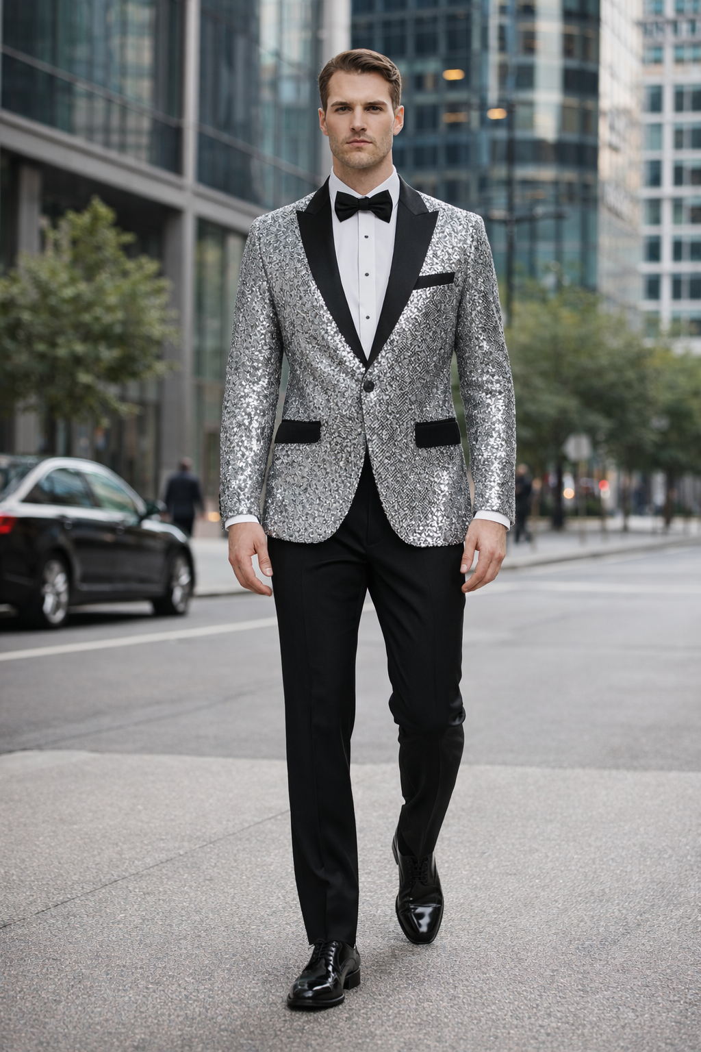 Men’s Sparkling Silver Sequin Tuxedo – Black Satin Lapel-New Designer Collection - 34 Short or Extra Small