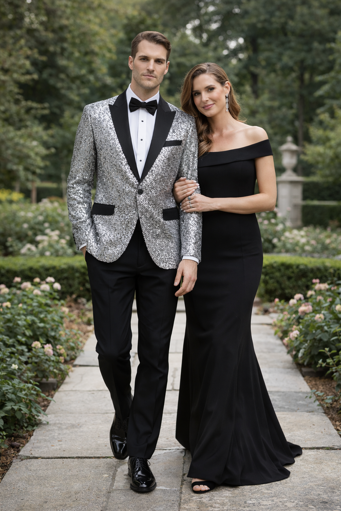 Mens Sparkling Silver Sequin Tuxedo Black Satin Lapel-New Designer Collection