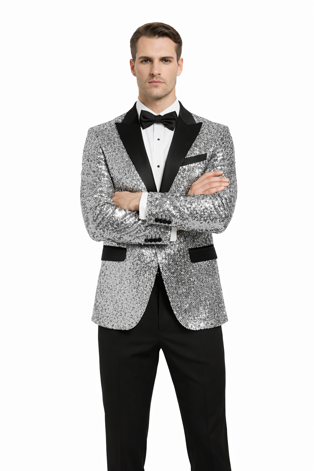 Men’s Sparkling Silver Sequin Tuxedo – Black Satin Lapel-New Designer Collection - 34 Short or Extra Small