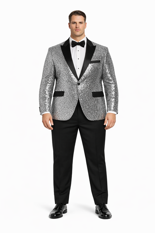 Mens Sparkling Silver Sequin Tuxedo Black Satin Lapel-New Designer Collection