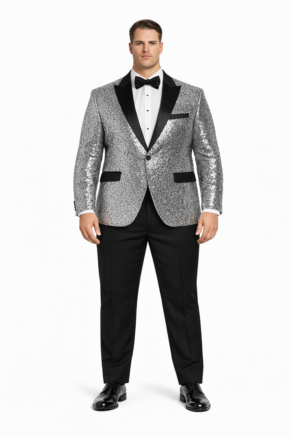 Men’s Sparkling Silver Sequin Tuxedo – Black Satin Lapel-New Designer Collection - 34 Short or Extra Small