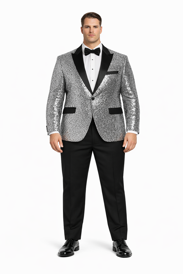 Mens Sparkling Silver Sequin Tuxedo Black Satin Lapel-New Designer Collection