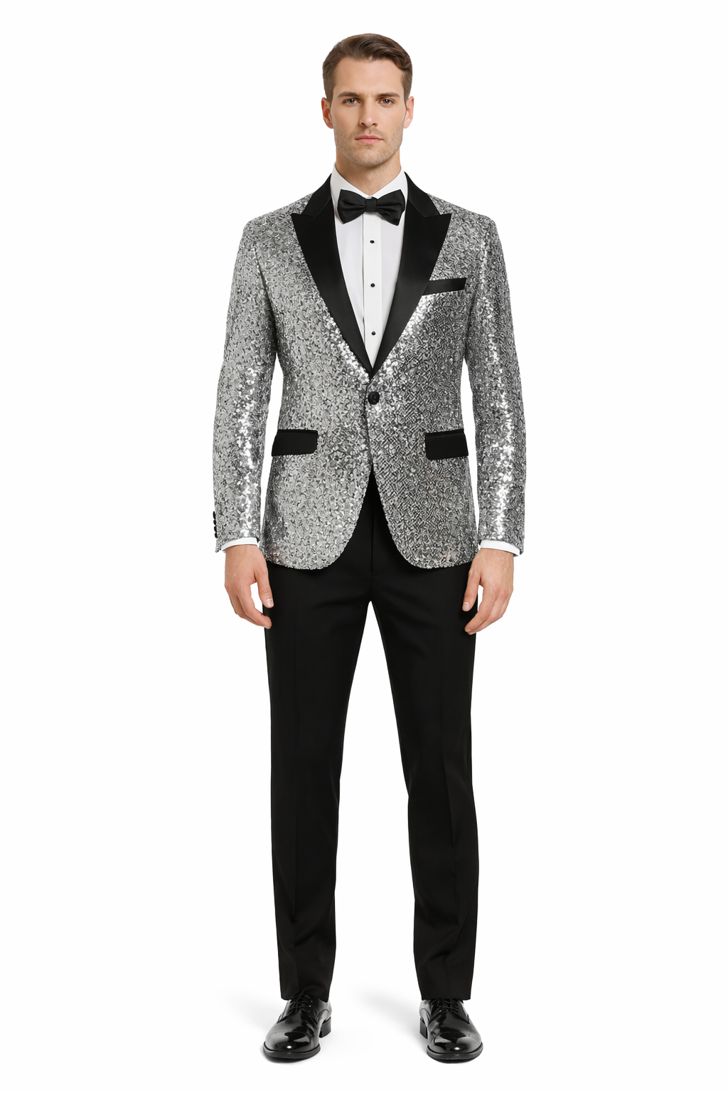 Men’s Sparkling Silver Sequin Tuxedo – Black Satin Lapel-New Designer Collection - 34 Short or Extra Small