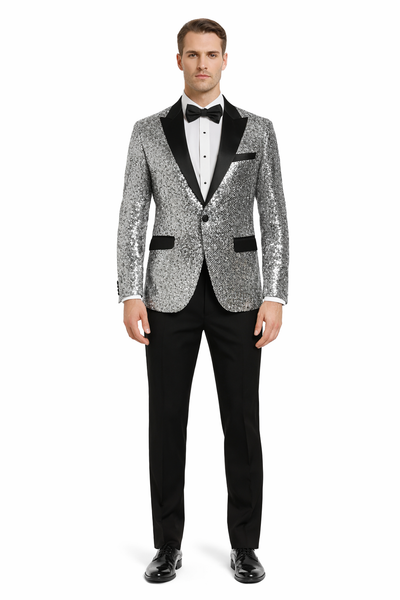 Mens Sparkling Silver Sequin Tuxedo Black Satin Lapel-New Designer Collection