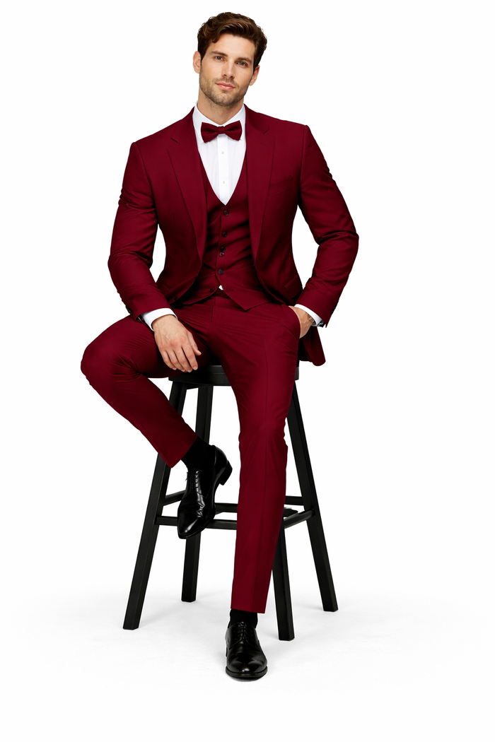 Mens Stacy Adams Suits - Designer Suit - 3 Piece Suit - Vested Suit - Flat Front Pant- Modern Fit Suits Burgundy Suit