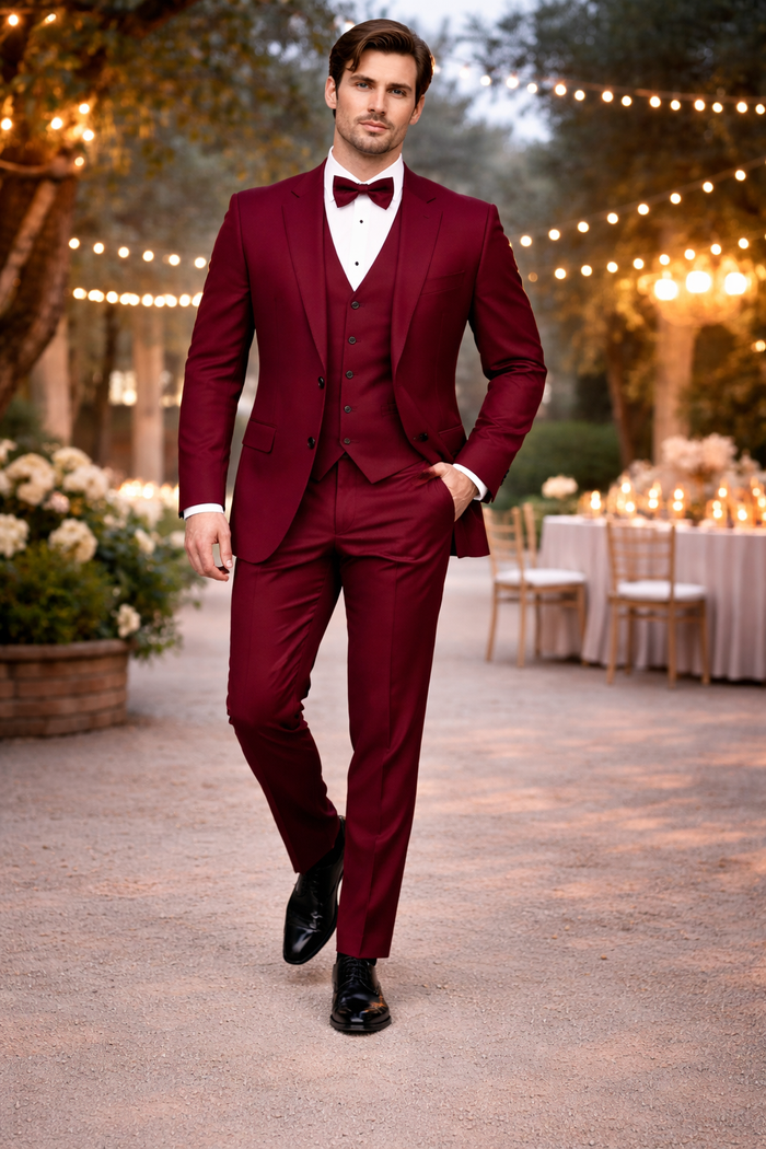 Mens Stacy Adams Suits - Designer Suit - 3 Piece Suit - Vested Suit - Flat Front Pant- Modern Fit Suits Burgundy Suit
