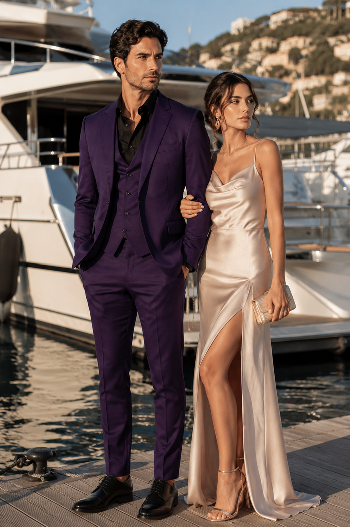 Mens Stacy Adams Suits - Designer Suit - 3 Piece Suit - Vested Suit - Flat Front Pant- Modern Fit Suits Eggplant Suit