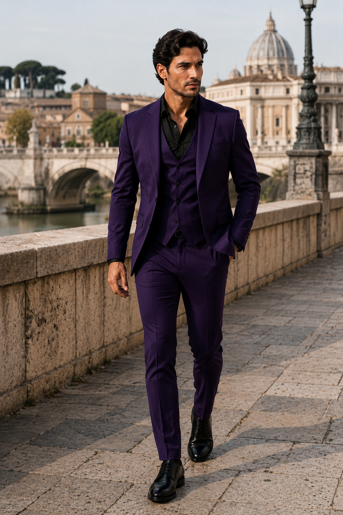 Mens Stacy Adams Suits - Designer Suit - 3 Piece Suit - Vested Suit - Flat Front Pant- Modern Fit Suits Eggplant Suit