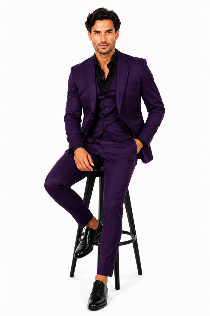 Mens Stacy Adams Suits - Designer Suit - 3 Piece Suit - Vested Suit - Flat Front Pant- Modern Fit Suits Eggplant Suit