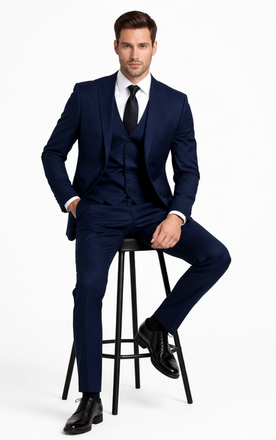 Mens Stacy Adams Suits - Designer Suit - 3 Piece Suit - Vested Suit - Flat Front Pant- Modern Fit Suits Navy Blue Suit