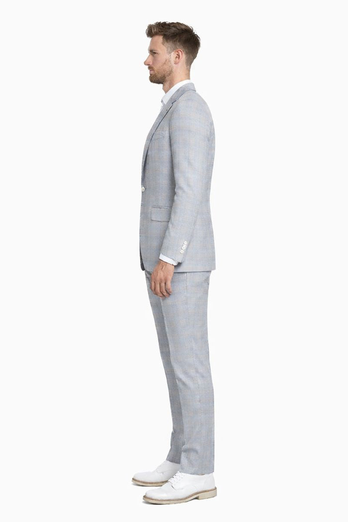 Men's Stacy Adams Vested Peak Lapel Baby Blue Plaid Prom & Wedding Suit