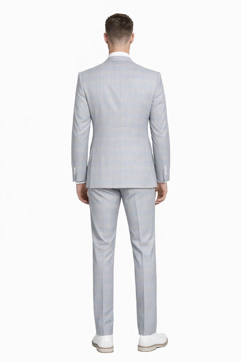Men's Stacy Adams Vested Peak Lapel Baby Blue Plaid Prom & Wedding Suit - 38 Regular
