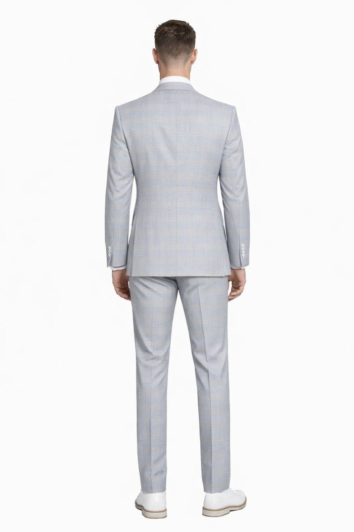 Men's Stacy Adams Vested Peak Lapel Baby Blue Plaid Prom & Wedding Suit