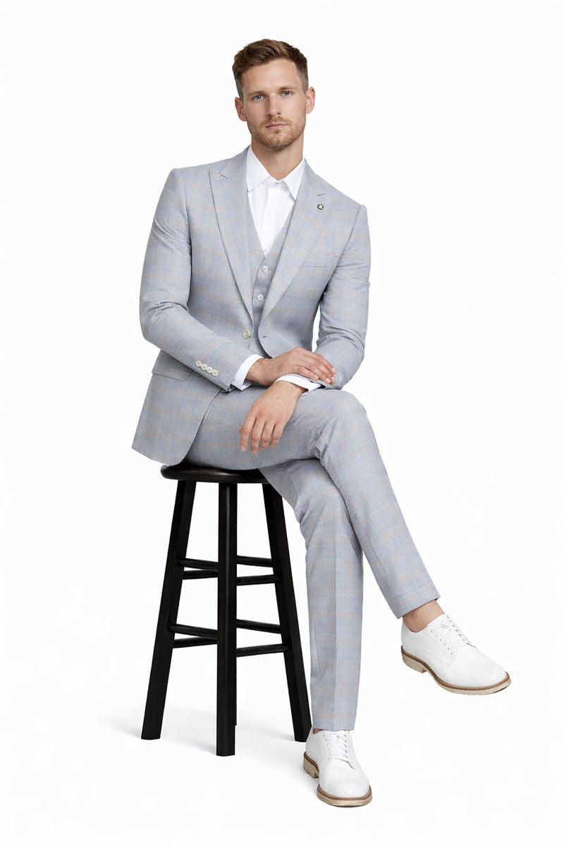 Men's Stacy Adams Vested Peak Lapel Baby Blue Plaid Prom & Wedding Suit - 38 Regular