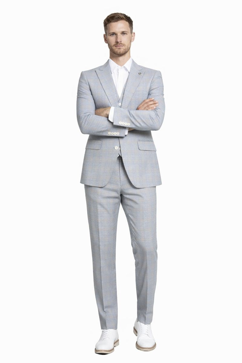 Men's Stacy Adams Vested Peak Lapel Baby Blue Plaid Prom & Wedding Suit - 38 Regular