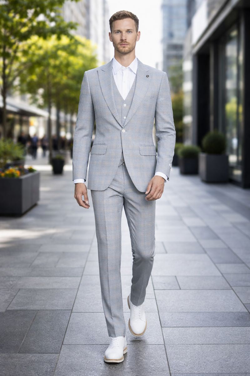 Men's Stacy Adams Vested Peak Lapel Baby Blue Plaid Prom & Wedding Suit - 38 Regular
