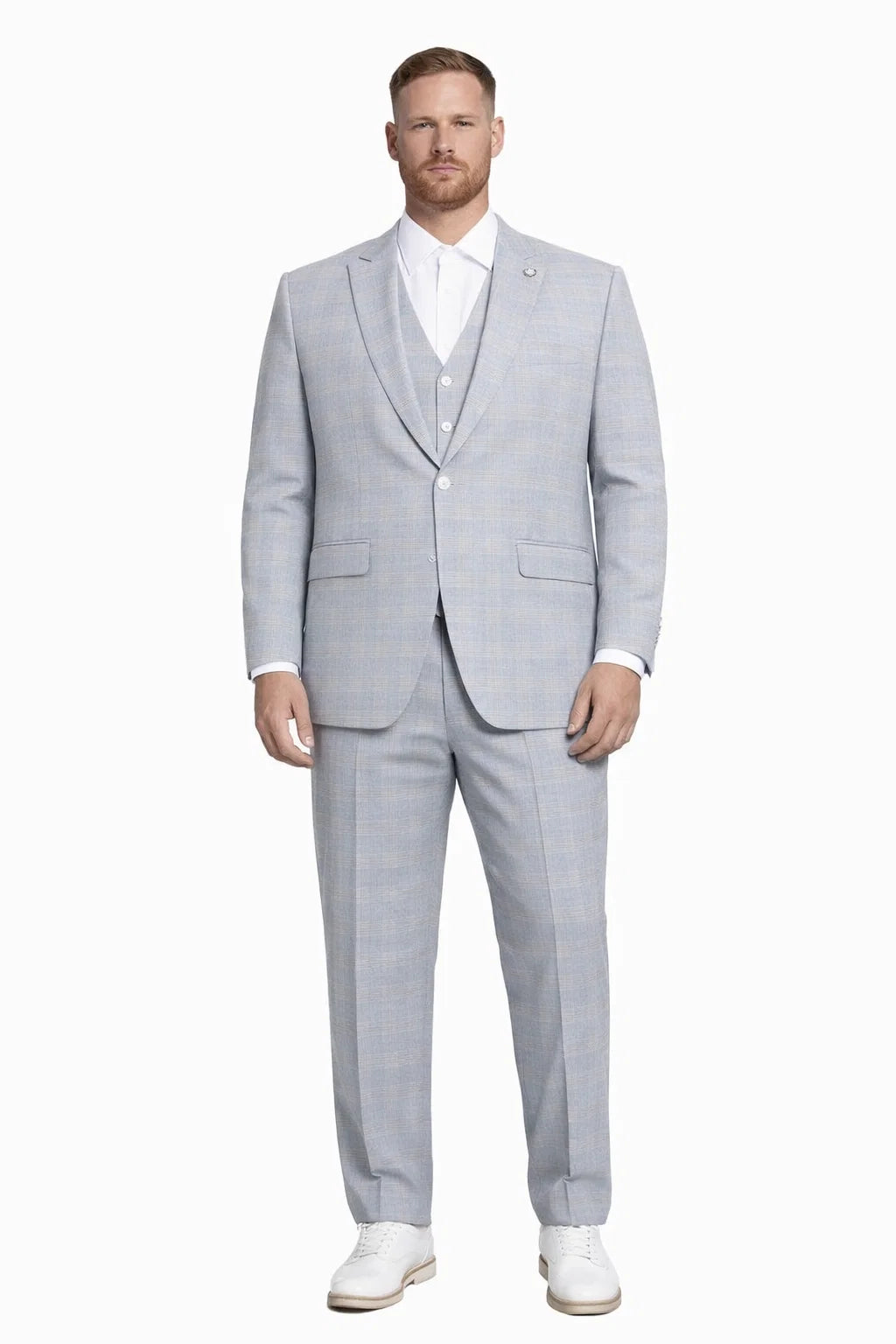 Men's Stacy Adams Vested Peak Lapel Baby Blue Plaid Prom & Wedding Suit - 38 Regular