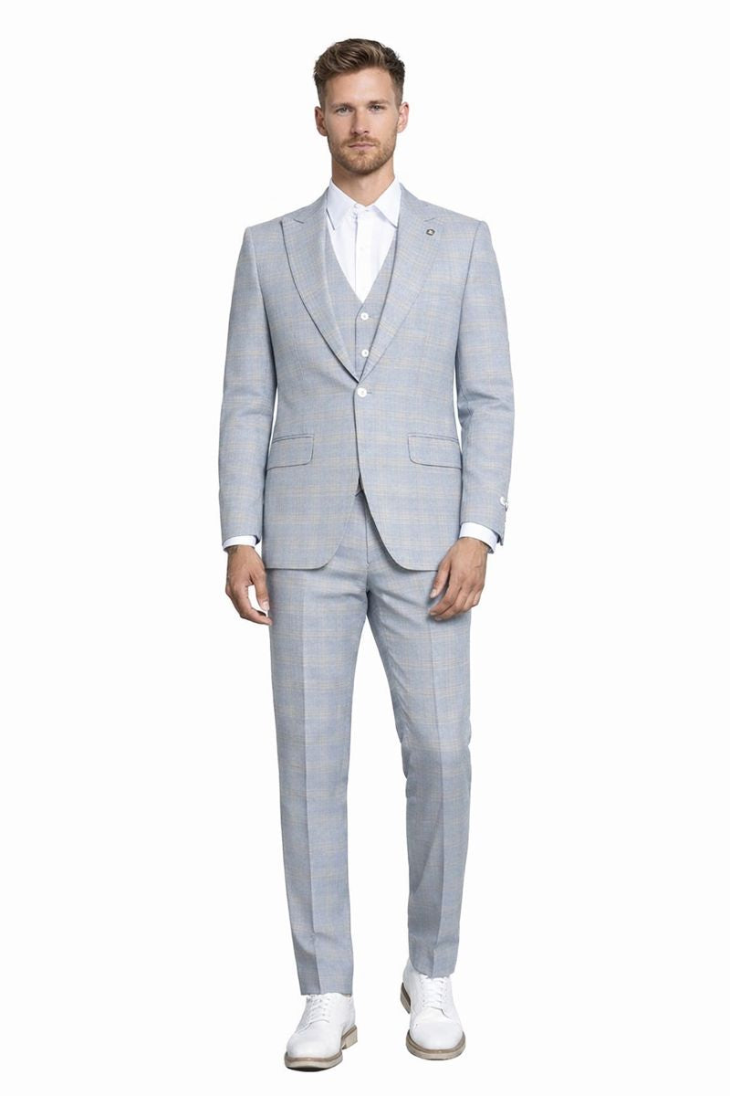 Men's Stacy Adams Vested Peak Lapel Baby Blue Plaid Prom & Wedding Suit - 38 Regular