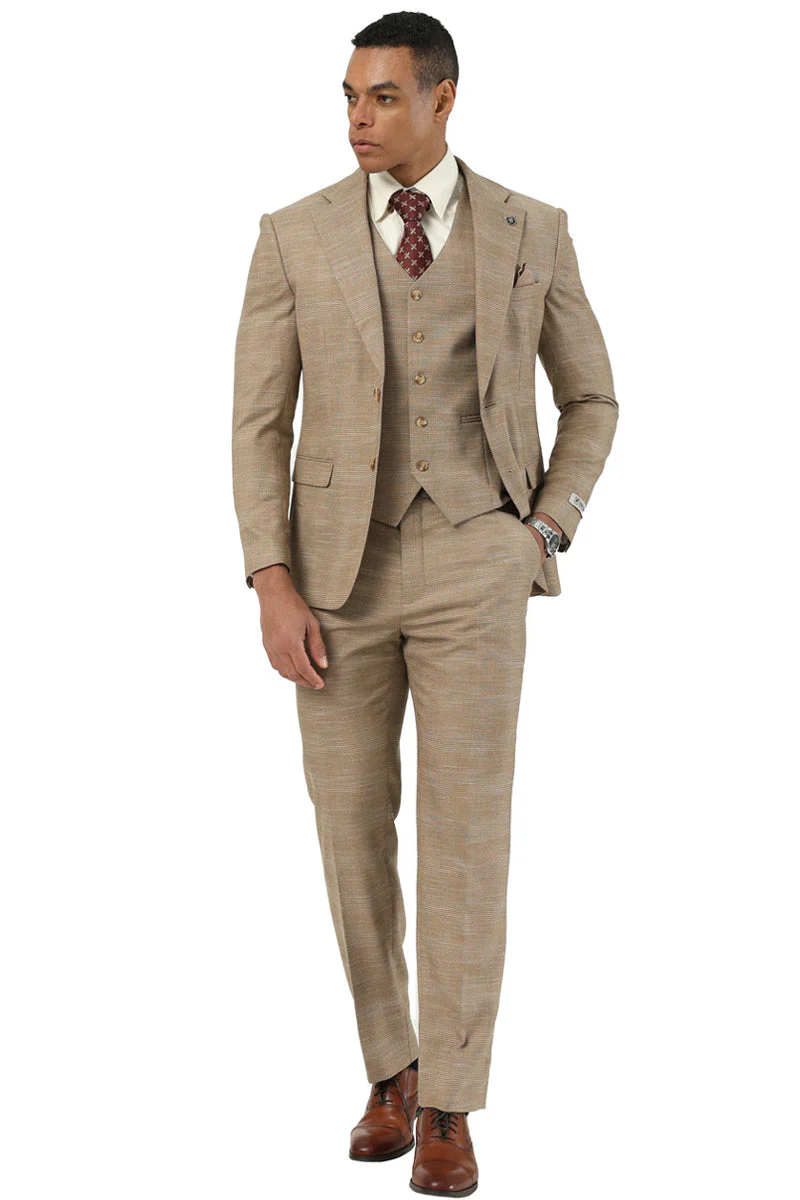 Marc Darcy Wedding Suits Men's Stacy Adams Vested Sharkskin Pattern Business Suit in Tan - 34 Short or Extra Small