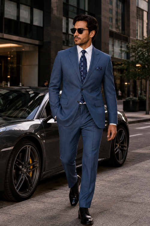Mens Steel Blue 3-Button Classic Suit Formal Business Attire with Vest, Tie and Pocket Square