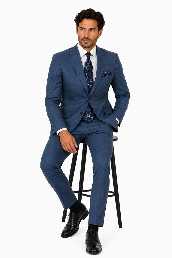 Mens Steel Blue 3-Button Classic Suit Formal Business Attire with Vest, Tie and Pocket Square