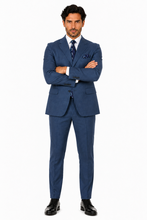Mens Steel Blue 3-Button Classic Suit Formal Business Attire with Vest, Tie and Pocket Square