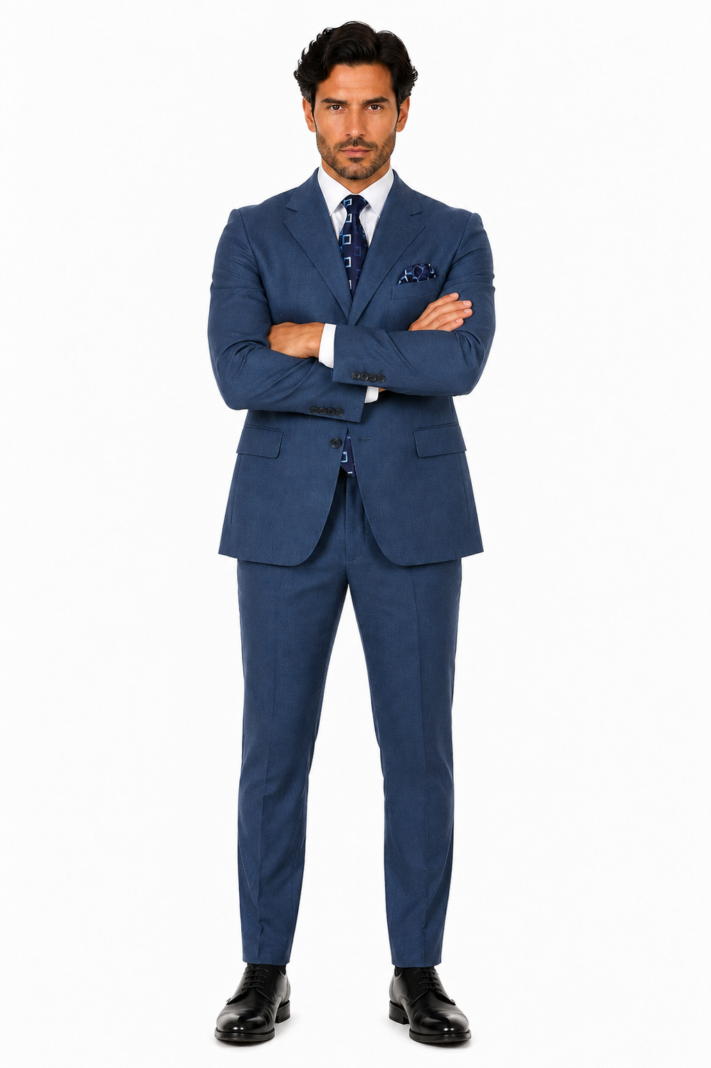 Mens Steel Blue 3-Button Classic Suit Formal Business Attire with Vest, Tie and Pocket Square