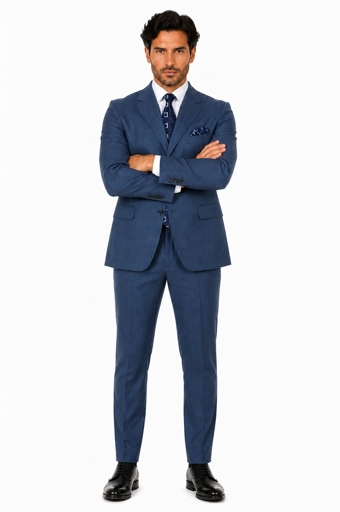 Mens Steel Blue 3-Button Classic Suit Formal Business Attire with Vest, Tie and Pocket Square