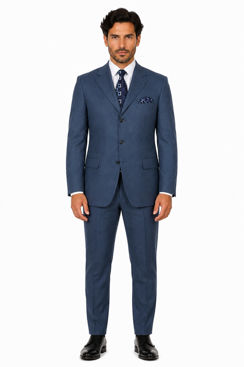 Mens Steel Blue 3-Button Classic Suit Formal Business Attire with Vest, Tie and Pocket Square