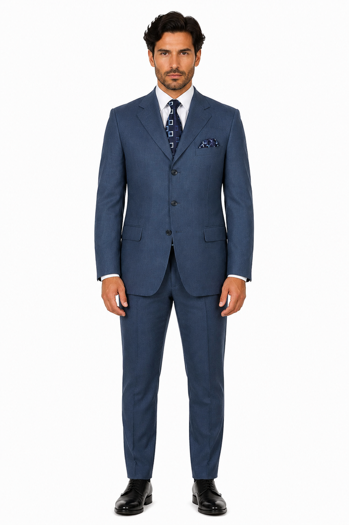 Mens Steel Blue 3-Button Classic Suit Formal Business Attire with Vest, Tie and Pocket Square