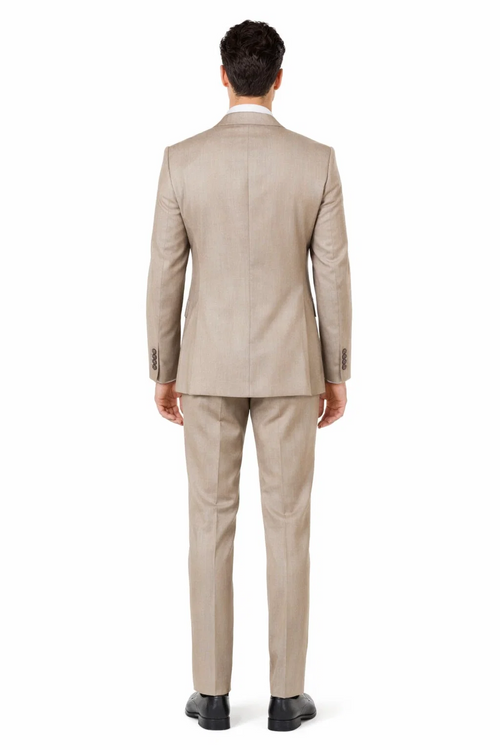Mens Stone Tan Sharkskin 3 Piece Single Breasted Suit