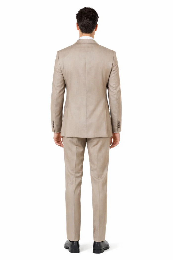 Mens Stone Tan Sharkskin 3 Piece Single Breasted Suit